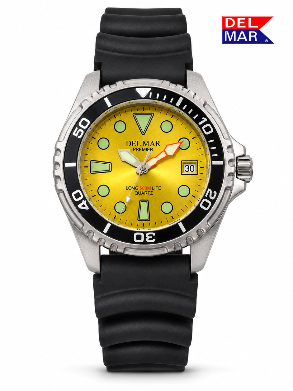 The Del Mar Pro Dive Watch with the electric yellow dial, luminous key and hands, a silicone strap to take you anywhere your day takes you

