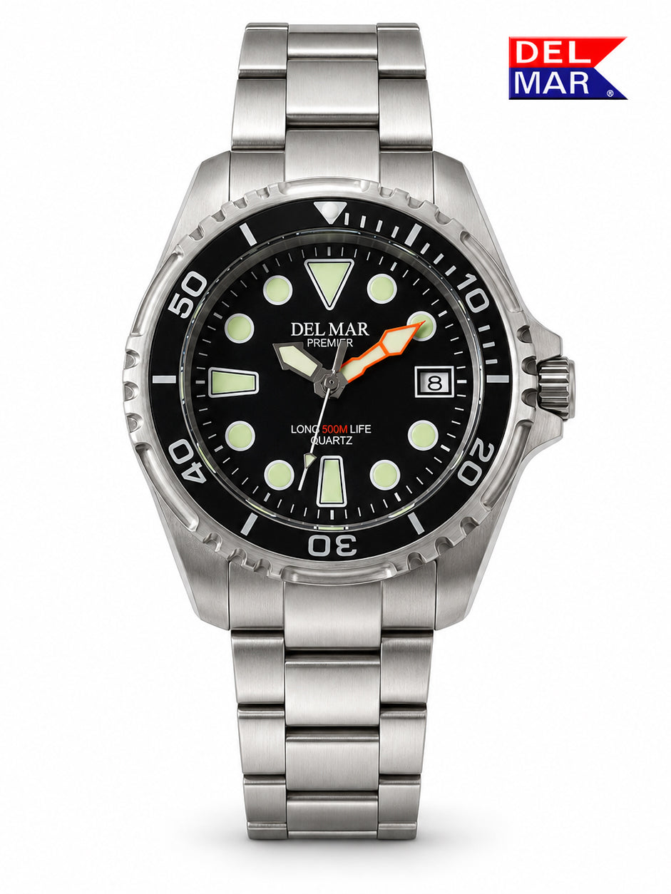 Del Mar 500 Meter Pro Dive Watch with Black dial and bezel, Stainless Steel band. 