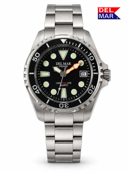 Del Mar 500 Meter Pro Dive Watch with Black dial and bezel, Stainless Steel band. 