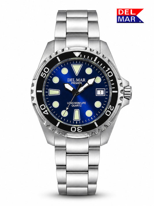 The classic Del Mar Pro Dive 500 M Watch with a Blue Sapphire Dial, Black Bezel and Stainless Steel Watch Band. 