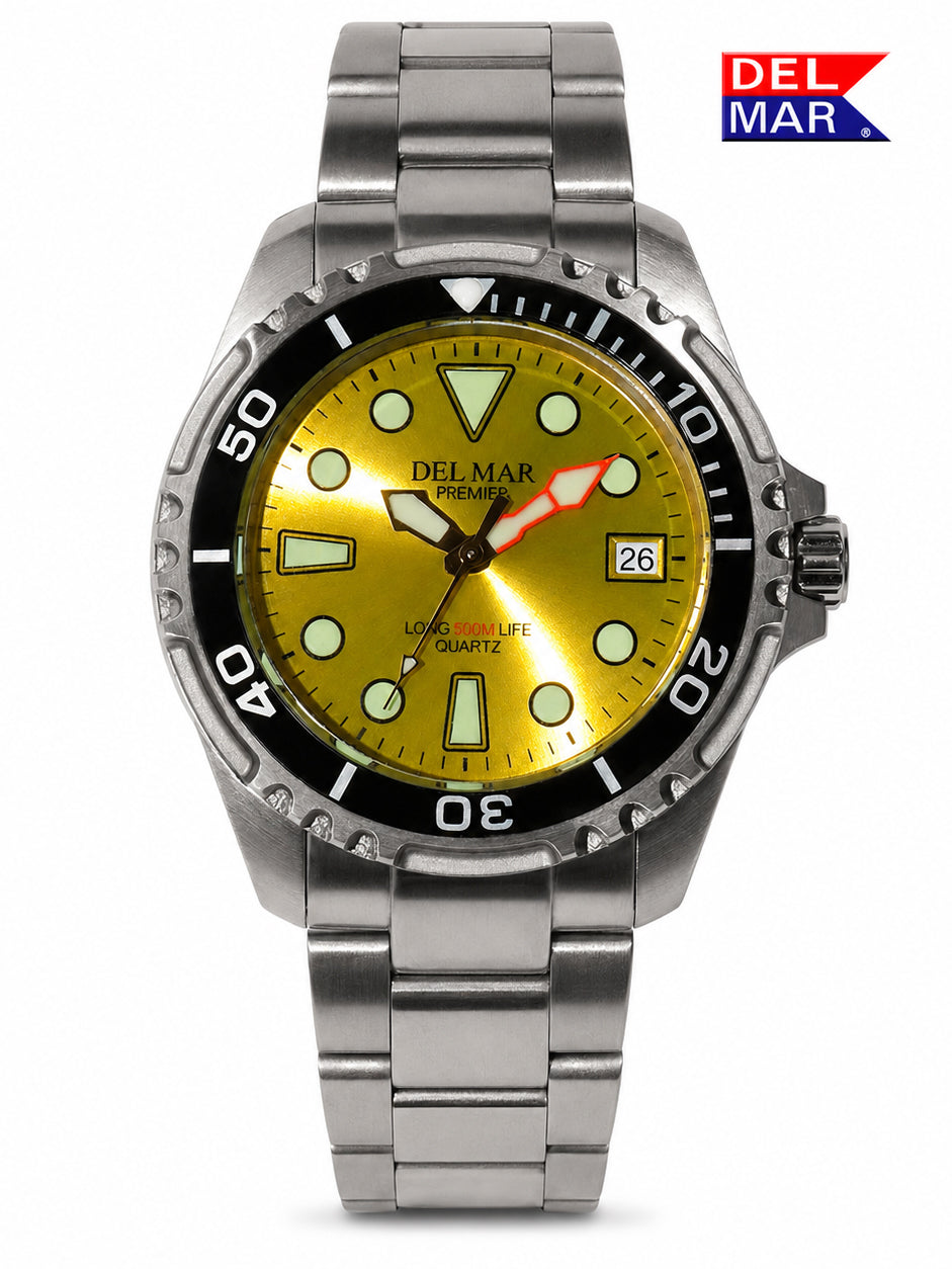 Brighten Your Day with the Del Mar Pro 500 M Yellow Dial Dive Watch