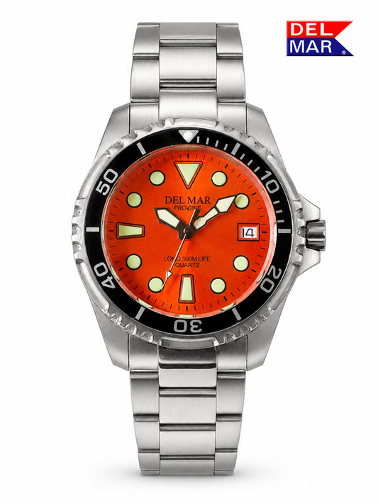 Light up your night with the Del Mar 500 M Pro Dive Orange Dial Watch with Luminous Hands & Face