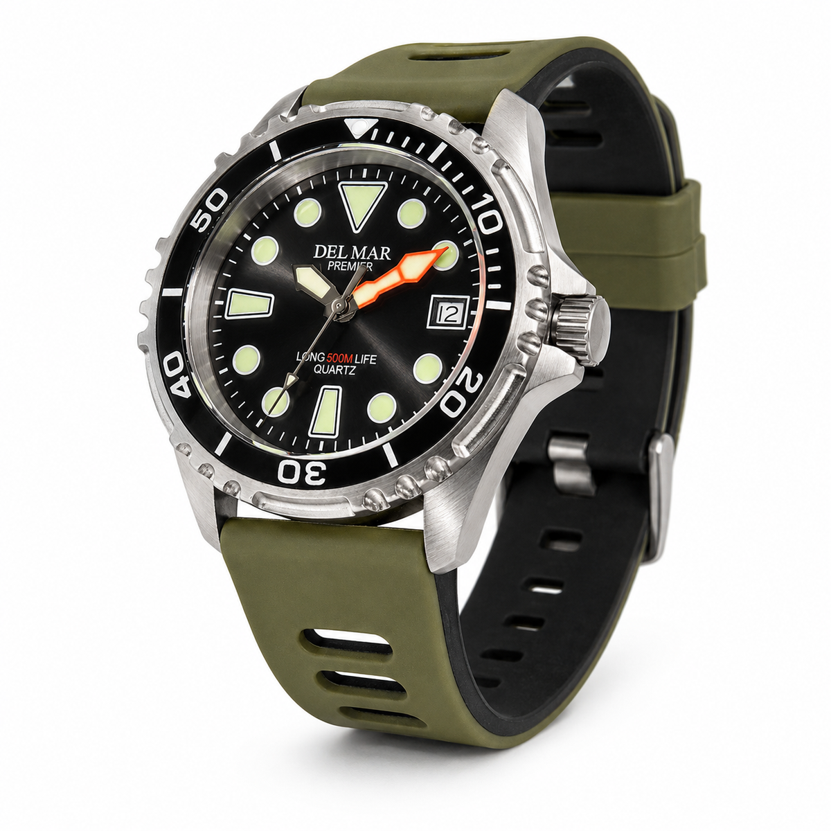 Del Mar Pro Dive 500M – Black Dial Khaki Sport Strap Watch – Model 50425