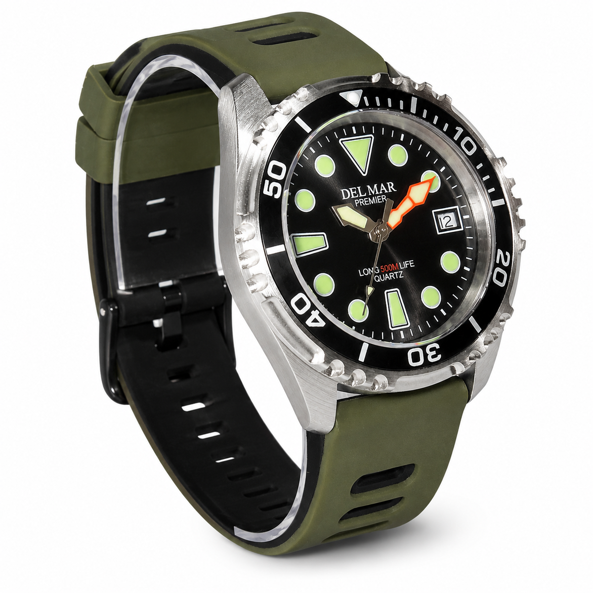Del Mar Pro Dive 500M – Black Dial Khaki Sport Strap Watch – Model 50425