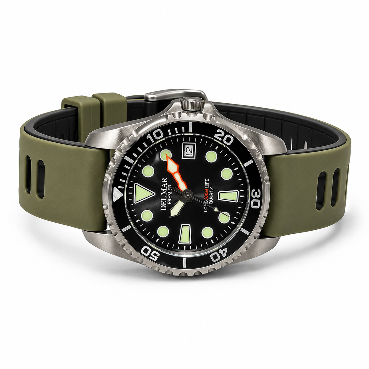Del Mar Pro Dive 500M – Black Dial Khaki Sport Strap Watch – Model 50425