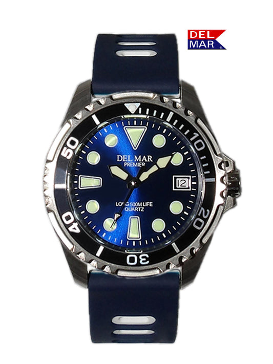 Del Mar Pro Dive 500M blue dial white black strap dive watch