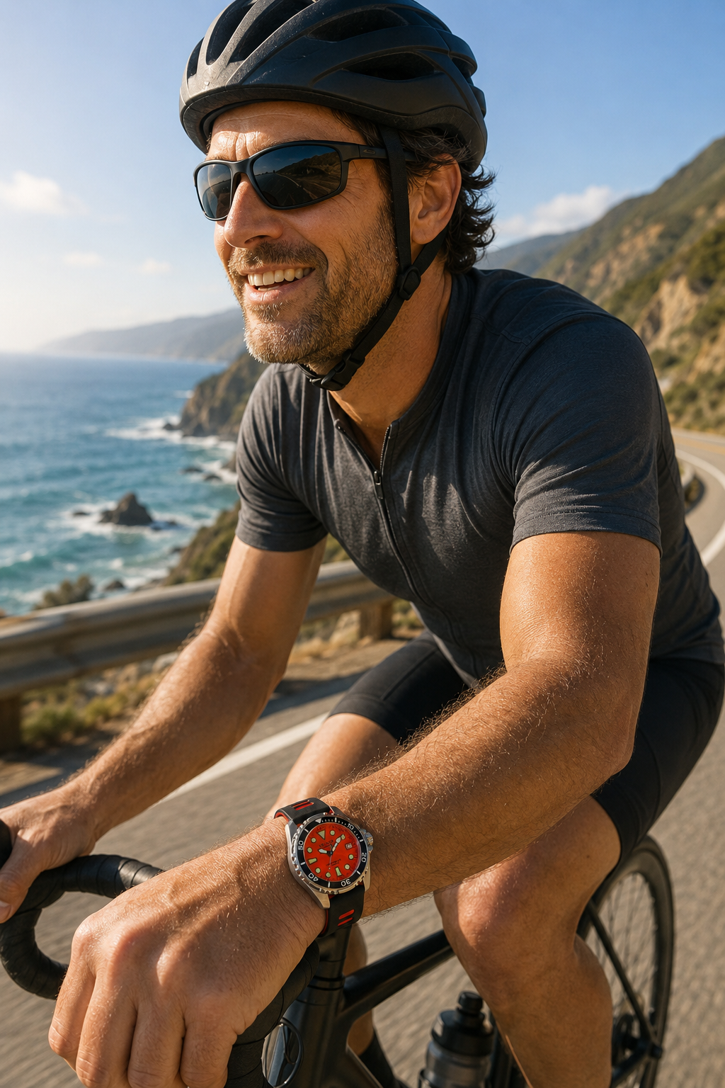 Shop the Del Mar Pro Dive 500M Orange Dial Orange & Black Strap Watch with 500M water resistance, sapphire crystal, luminous markers, one-way timing bezel, and bold sport-strap style.