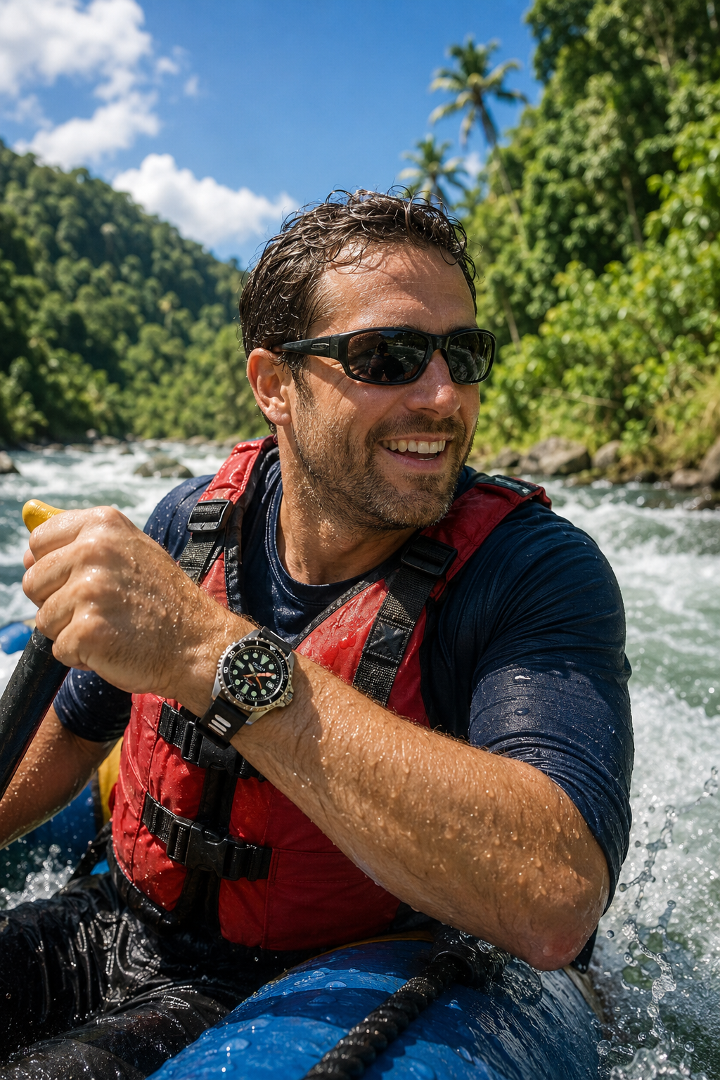 A man wearing sunglasses, a red life jacket, 500 M Del Mar Watch Pro Dive Watch and a navy shirt paddles in a blue raft on a river with lush green tropical mountains in the background.