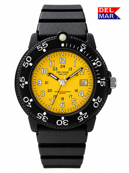 A Del Mar analog watch with a bright yellow dial, black bezel, and black rubber strap, shown against a plain white background with a Del Mar logo in the top right corner.