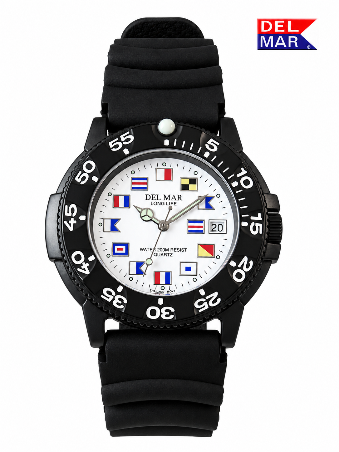 Discover the Sand Key 50512 with a white nautical flag dial, black sport strap, long-life battery, and 200-meter water resistance from Del Mar Watches.