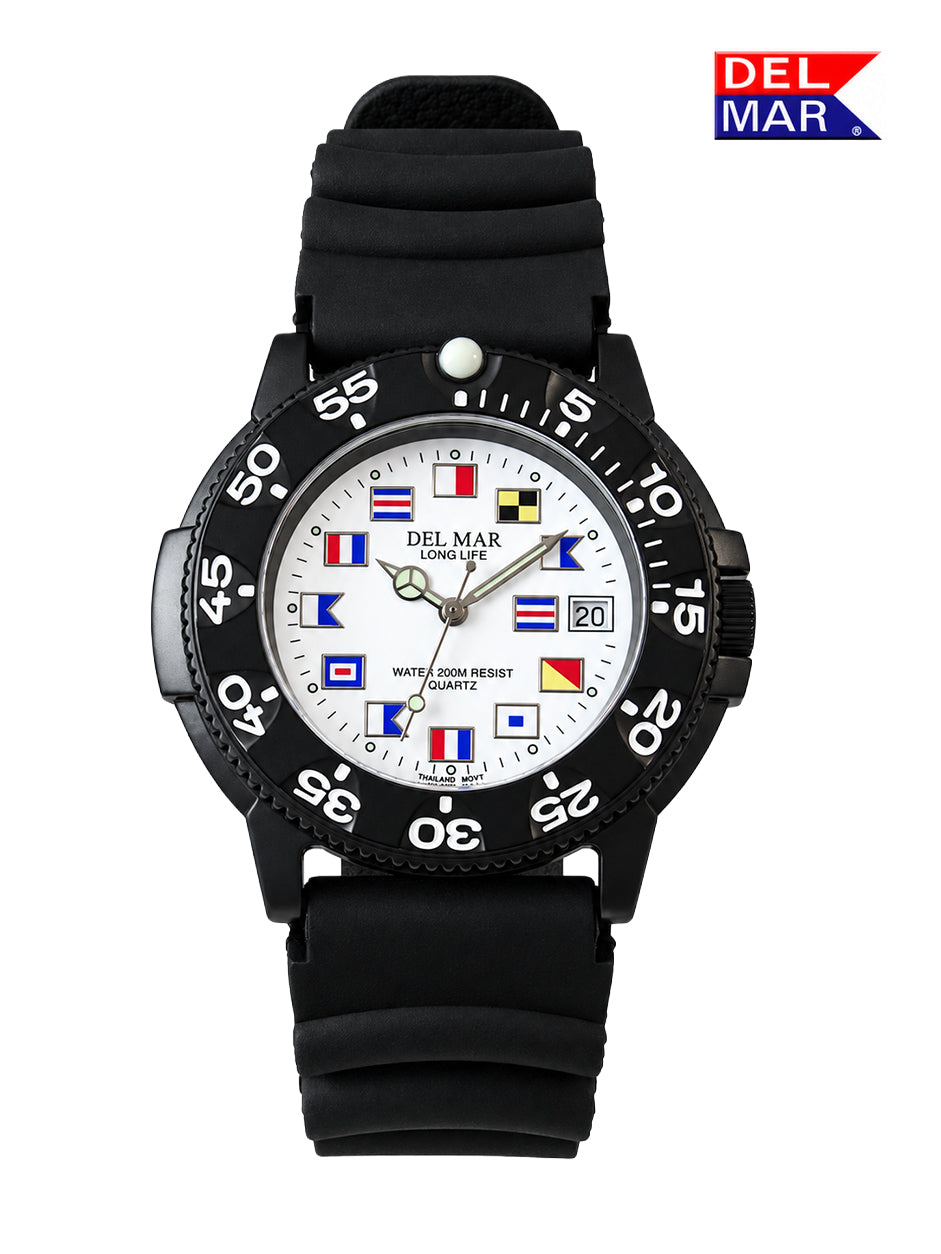 A Del Mar long-life water resistance quartz watch with a black rubber strap, black bezel, and a white dial decorated with various colorful nautical signal flags. The Del Mar logo is visible in the top right corner.