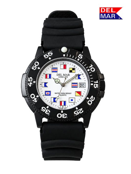 A Del Mar long-life water resistance quartz watch with a black rubber strap, black bezel, and a white dial decorated with various colorful nautical signal flags. The Del Mar logo is visible in the top right corner.