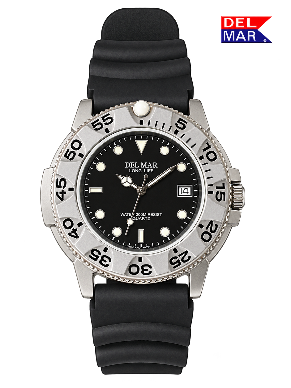 A Del Mar Long Life wristwatch with a black dial, black rubber strap, and a silver stainless steel case with a rotating black bezel, shown on a white background with a Del Mar logo in the top right corner.