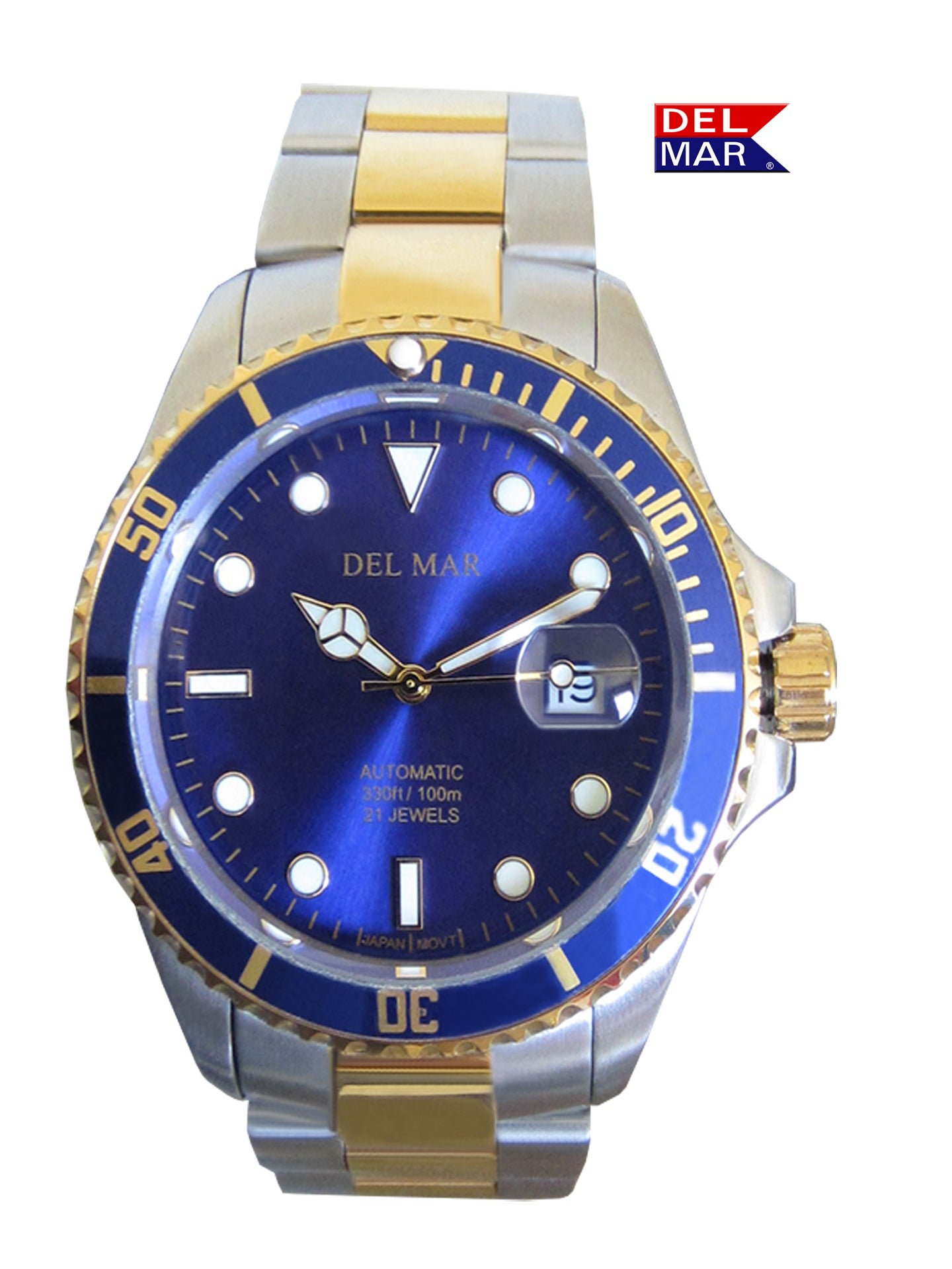 Del Mar Premier Automatic watch with blue dial and bezel, two-tone stainless steel bracelet, Miyota movement, and 100M water resistance.
