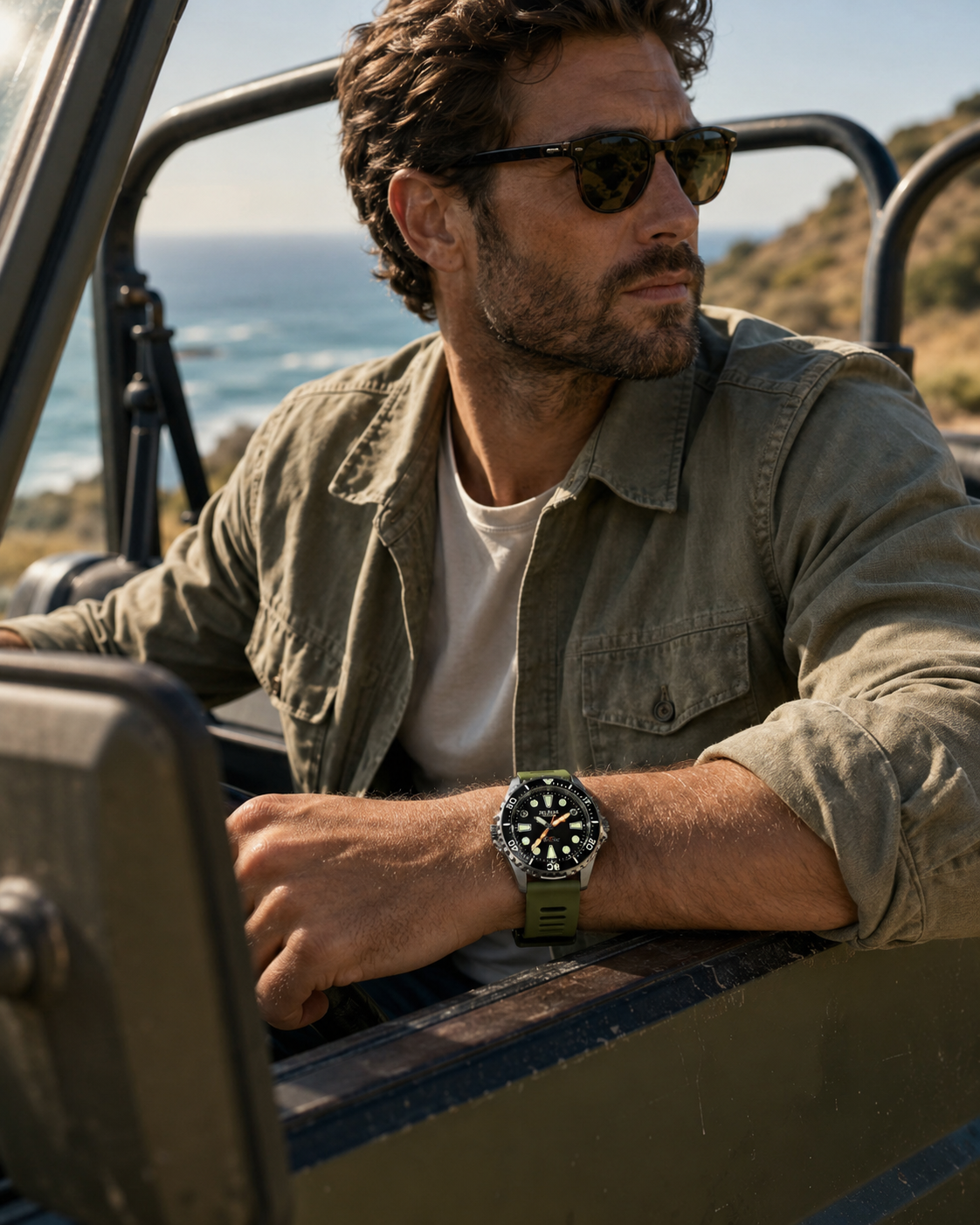 A man wearing a rugged olive green military-style shirt and sunglasses sits in the open cockpit of a vehicle, with the ocean and hills in the background. He is wearing a green military-style watch on his wrist.