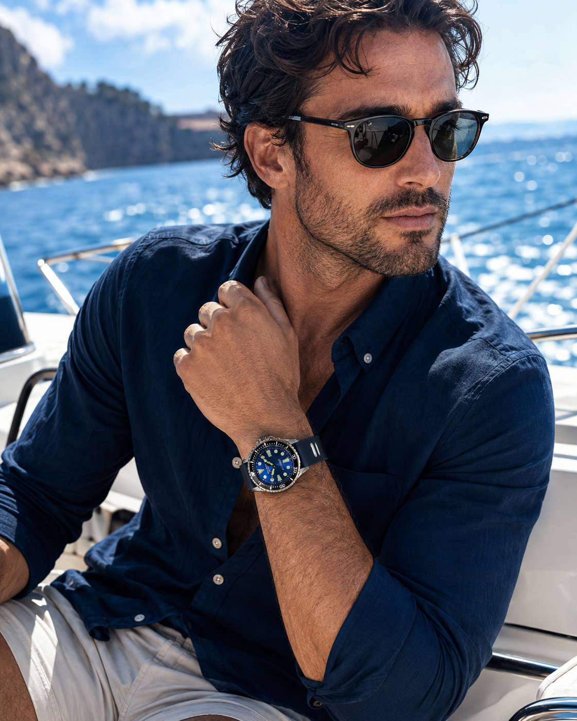 A man on a boat wearing a navy blue long-sleeve shirt, light beige shorts, black sunglasses, and a Del Mar Pro 500 M Dive wristwatch with a blue dial and black strap. The background shows the blue ocean and rocky coastline.
