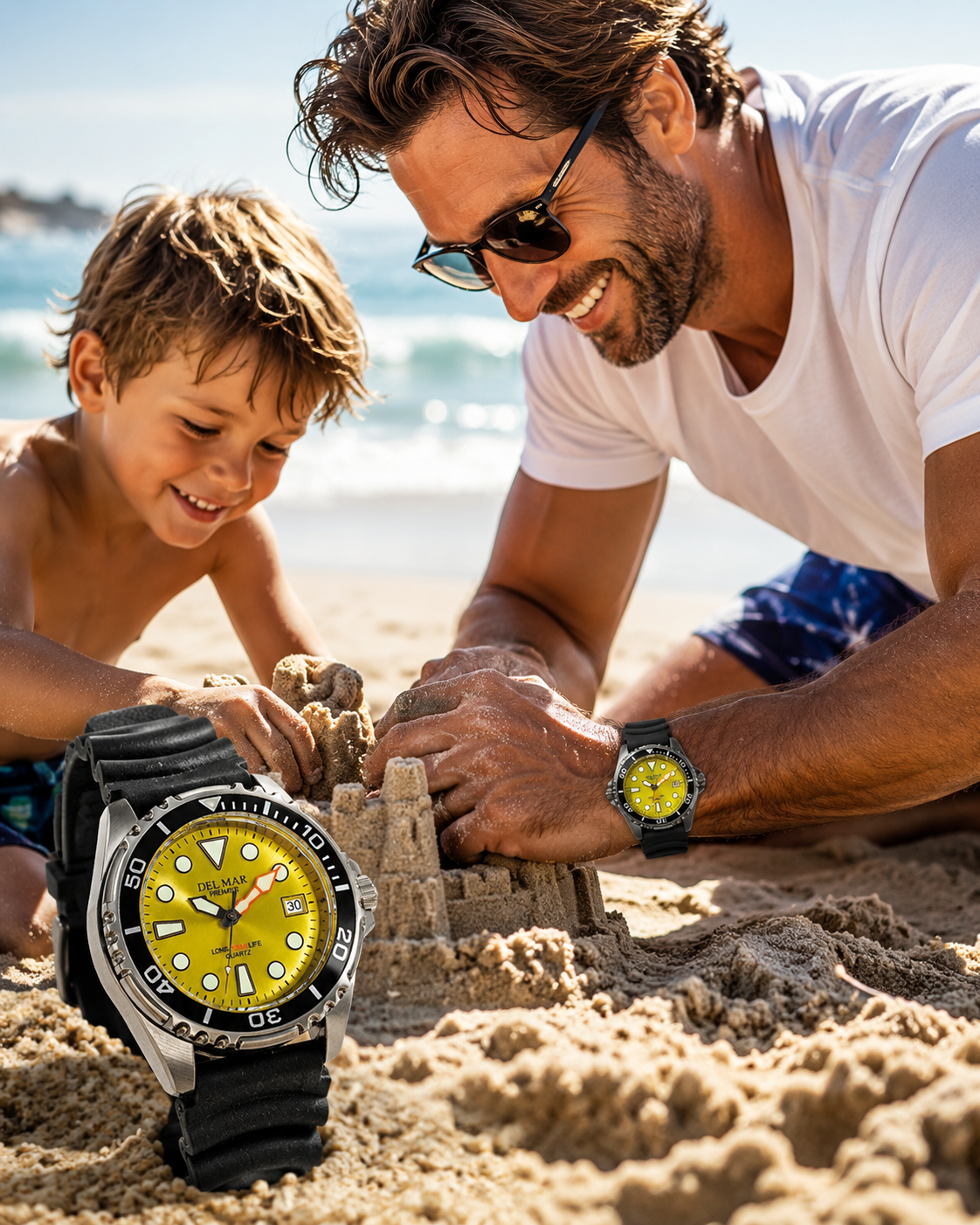 A man and a child building a sandcastle on a beach, with two wristwatches prominently shown in the foreground. The watches have bright yellow dials and black bezels and straps, set against a sunny beach background with ocean waves and sand.