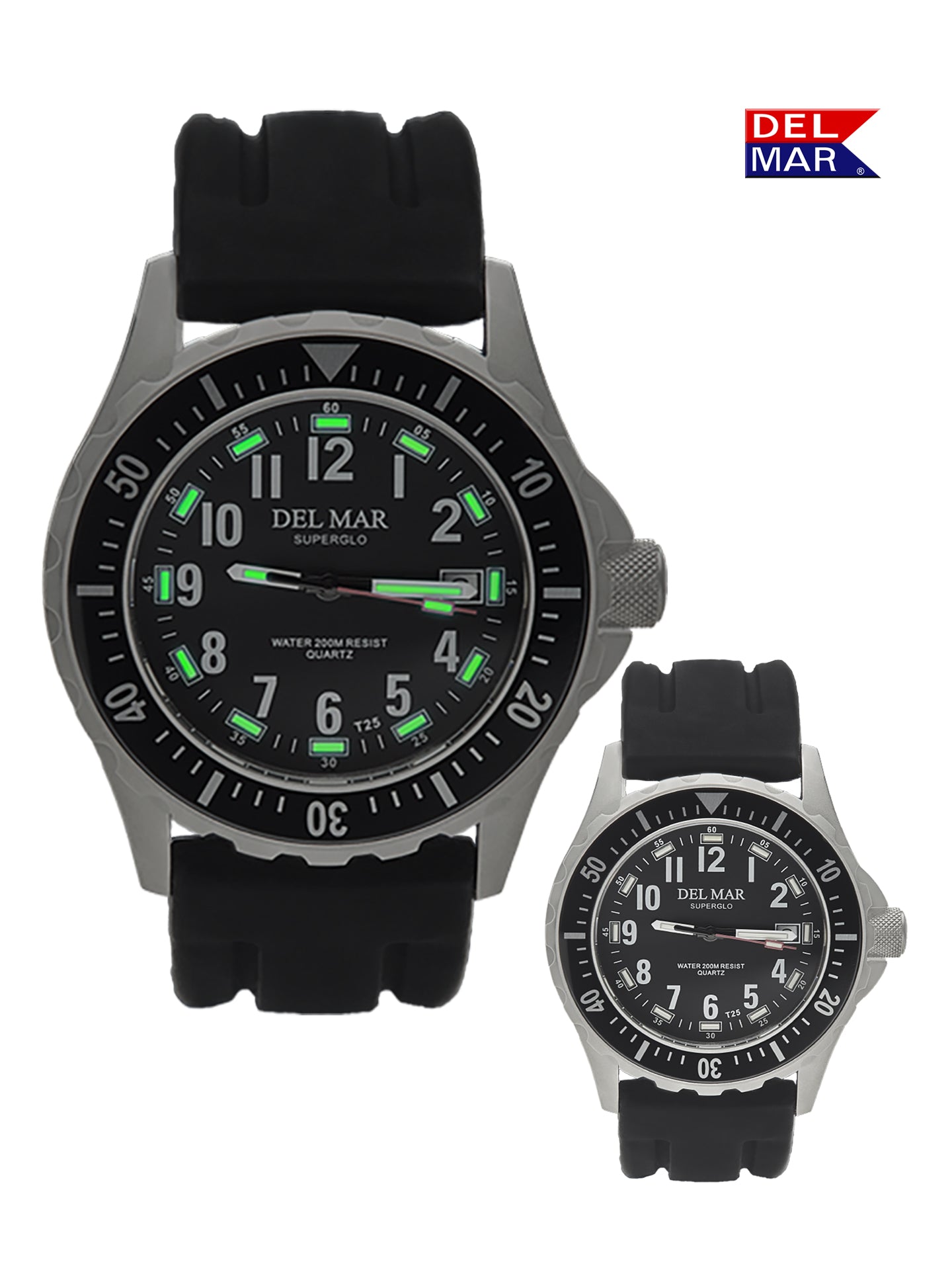 A men's sports watch with a black dial and black sports strap, featuring large numbers and luminous hands and markers.