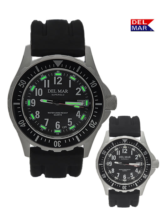 A men's sports watch with a black dial and black sports strap, featuring large numbers and luminous hands and markers.