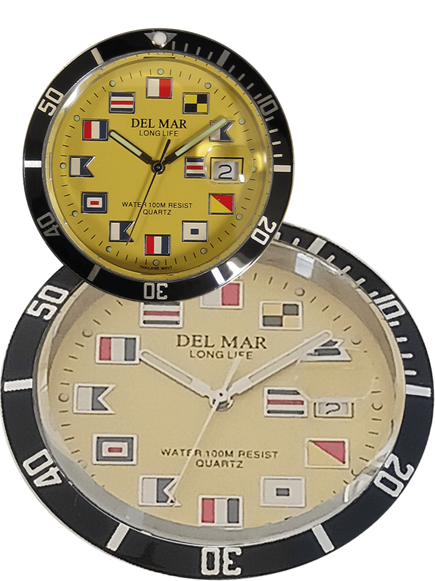 Bright yellow nautical flag dial Del Mar watch 46mm case
