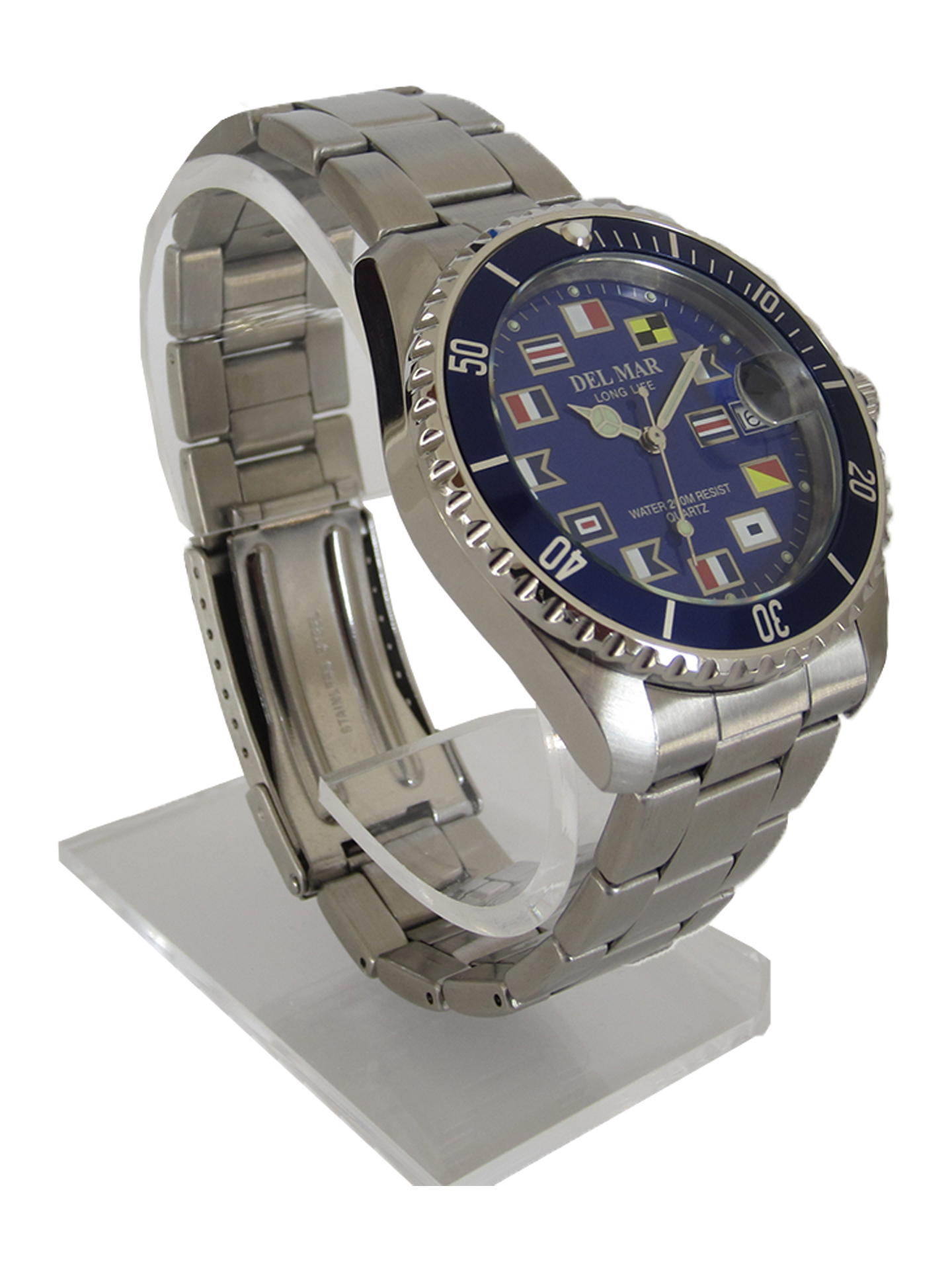 Men's Long Life Nautical 43mm Blue Face - Bezel SS Band Watch #50406
