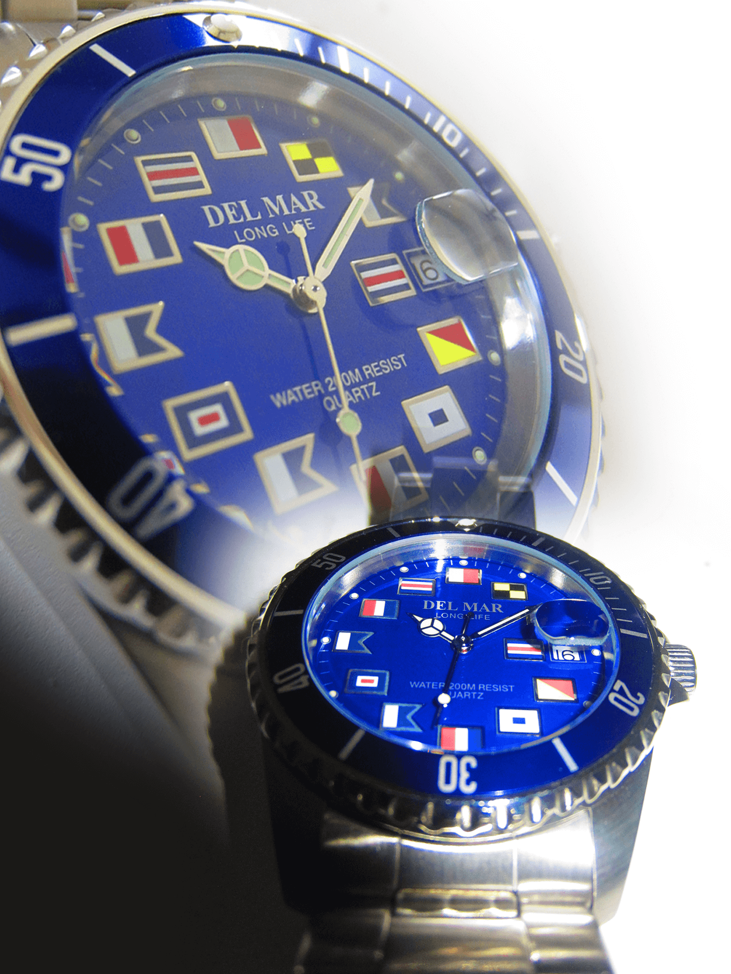Del Mar blue bezel stainless steel watch reflective image