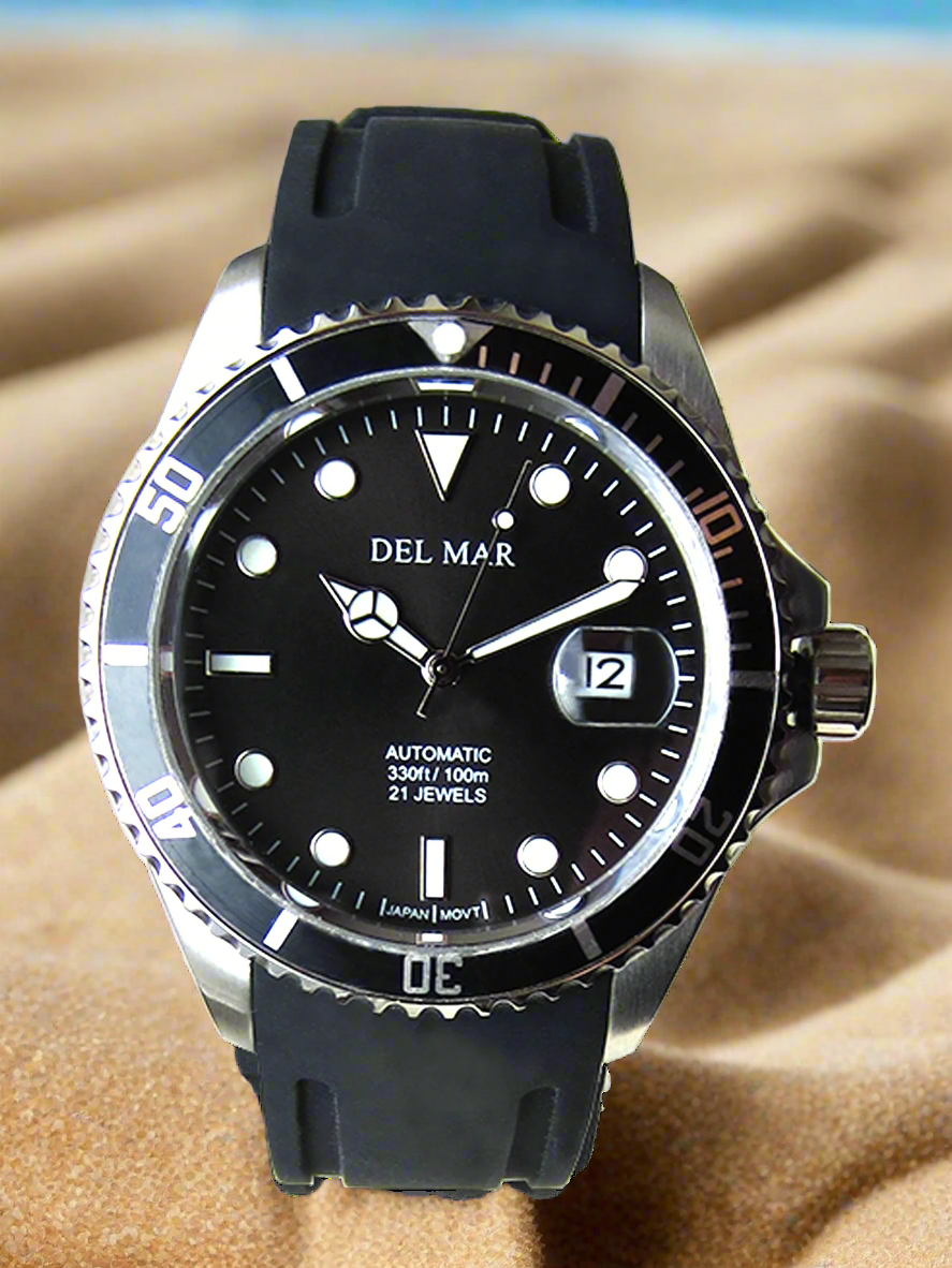 Del Mar Premier Automatic – Black Dial / Black Strap – Model 50411  ✨ TOP LINE
