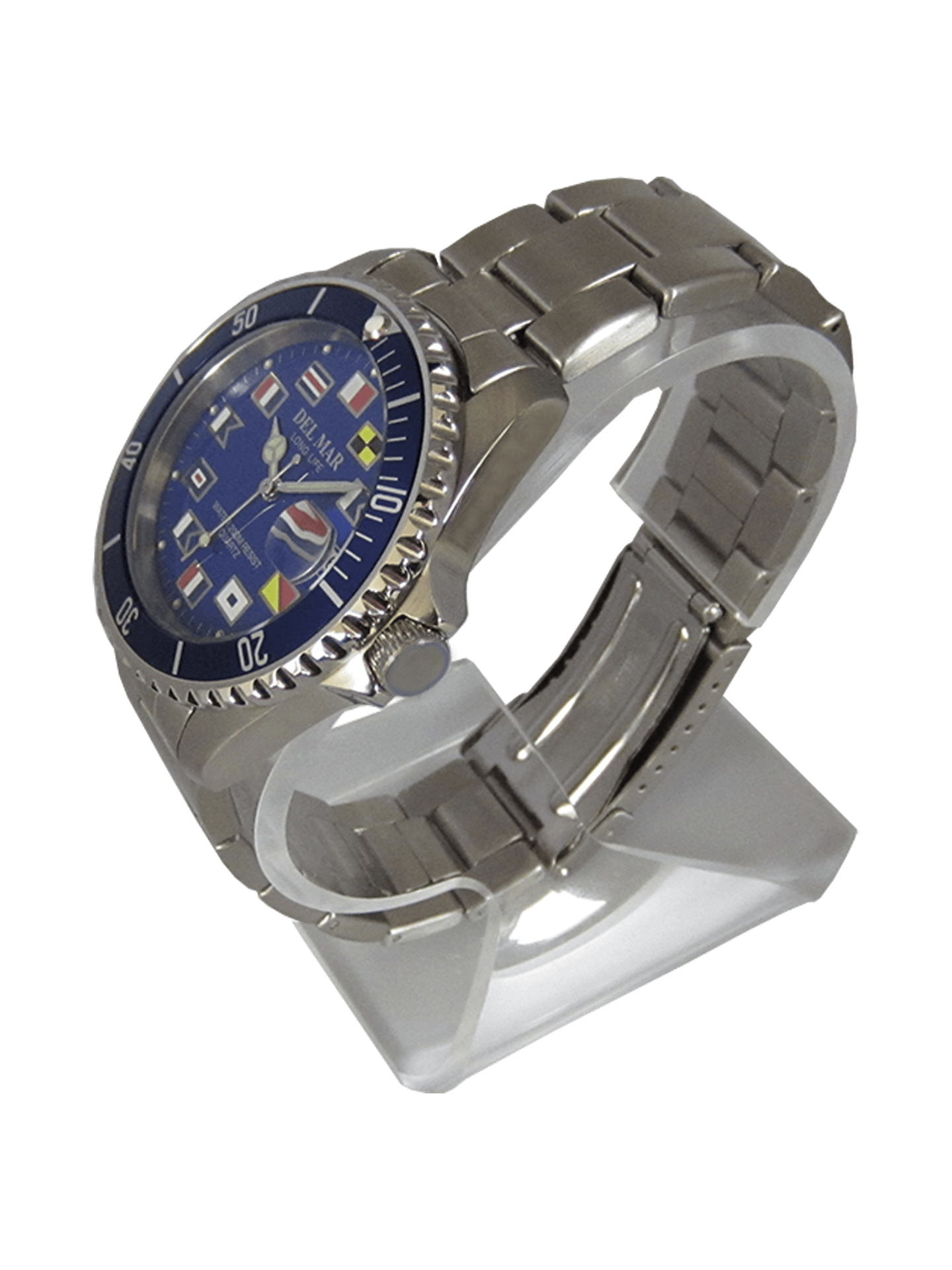 Blue nautical flag dial Del Mar watch close up
Nautical 200 blue face watch with flag markers Del Mar