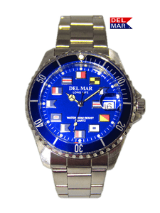 Del Mar Watches Men's Long Life Nautical 43mm Blue Face - Bezel SS Band Watch #50406