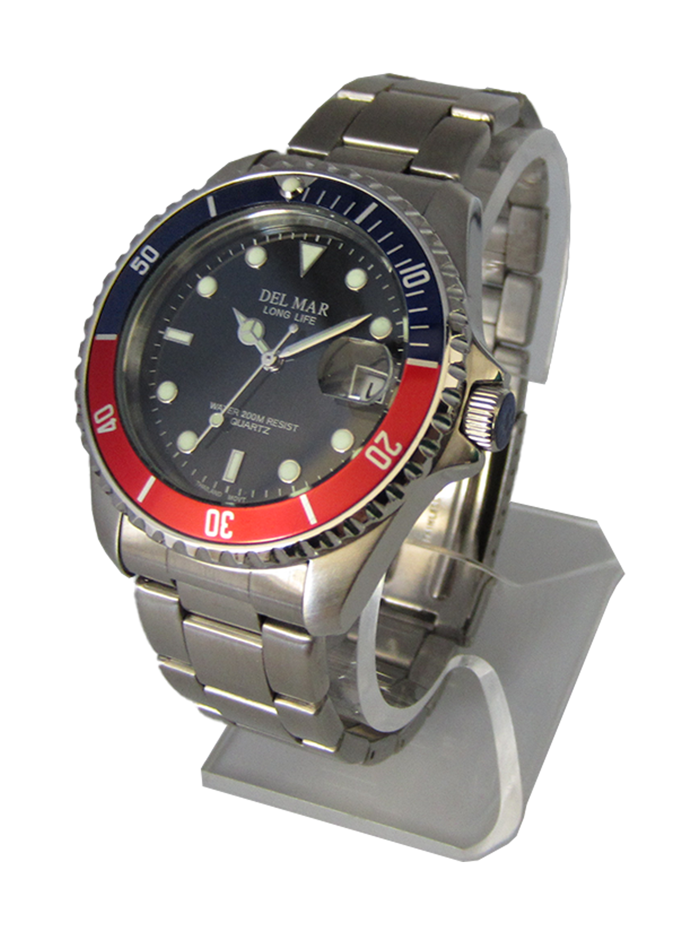 Del Mar Coronado Black Dial Red & Black Bezel Watch 50127 | Stainless Steel