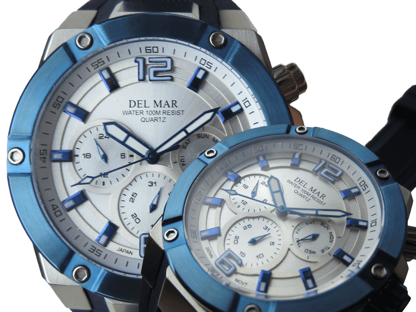 Del Mar 3-Eye Multi-Function Sport Watch - White Dial & Blue Bezel