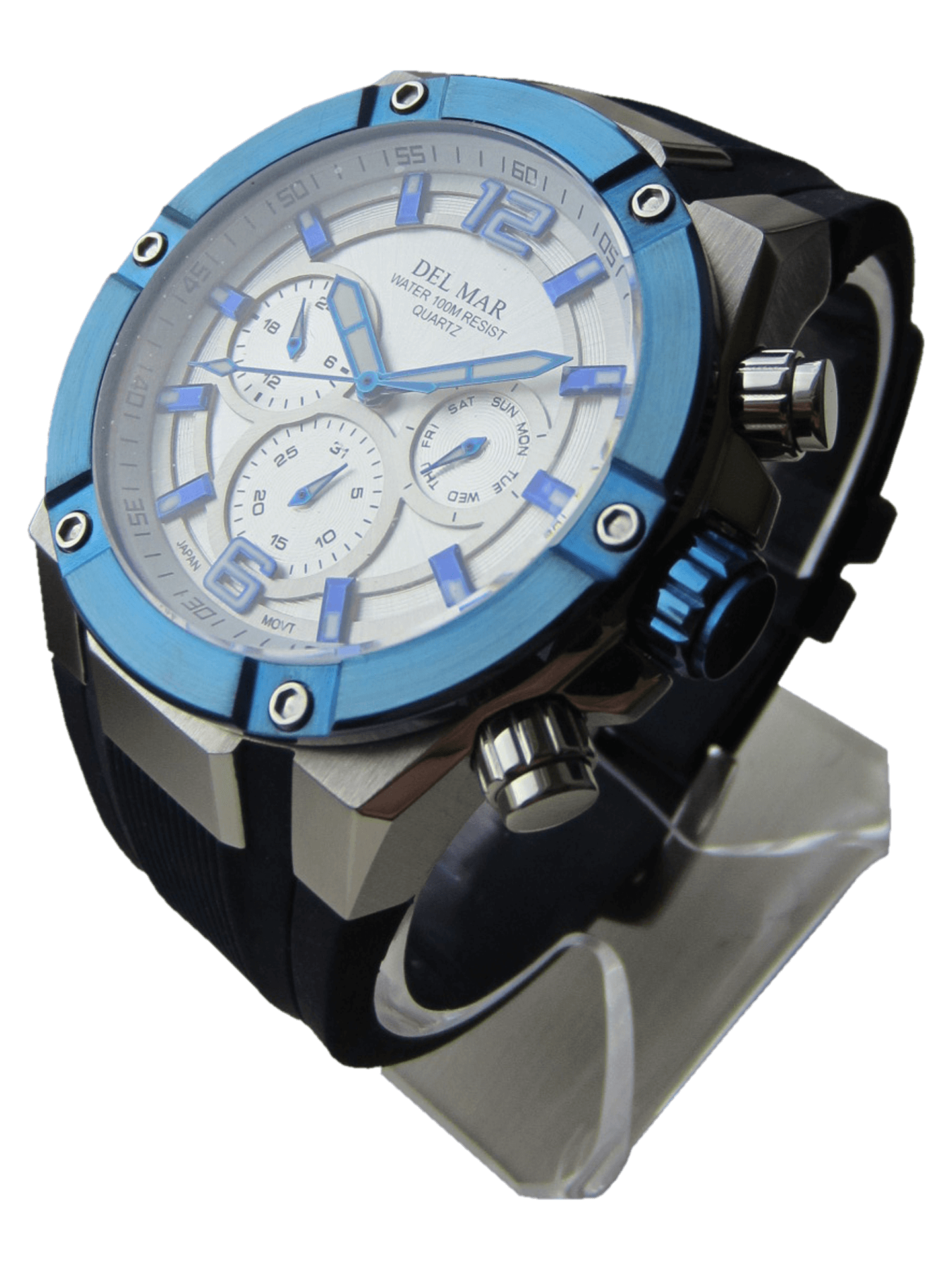 Del Mar 3-Eye Multi-Function Sport Watch - White Dial & Blue Bezel