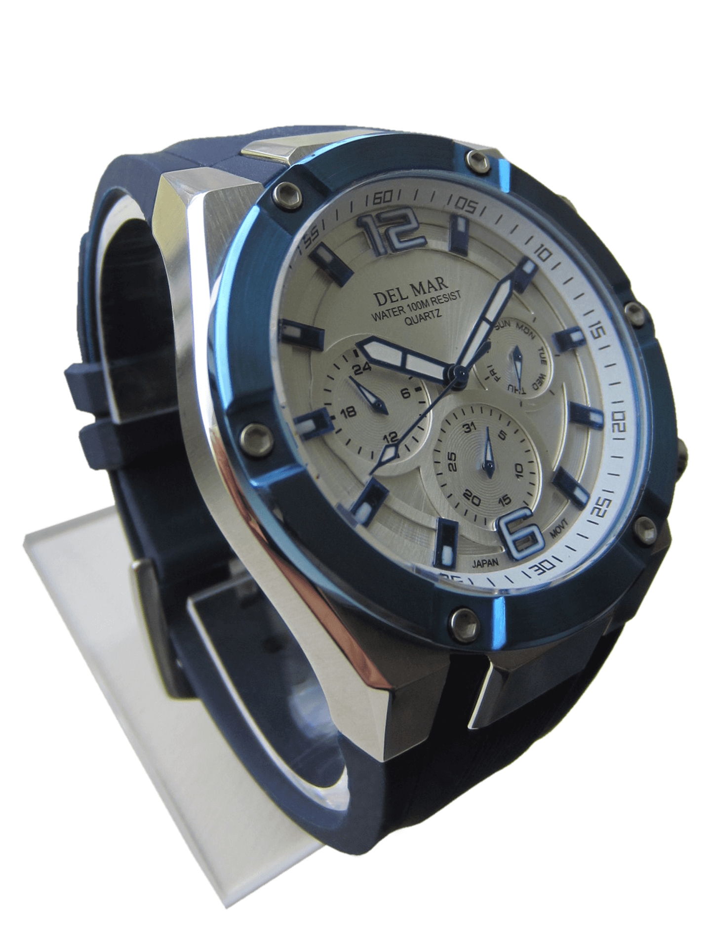 Del Mar 3-Eye Multi-Function Sport Watch - White Dial & Blue Bezel