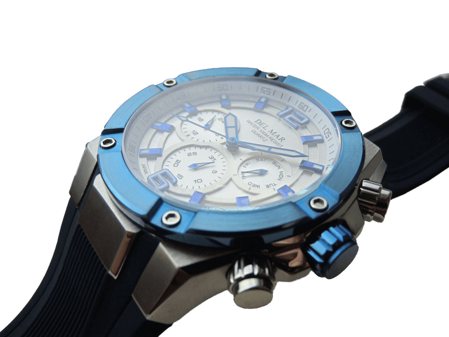 Del Mar 3-Eye Multi-Function Sport Watch - White Dial & Blue Bezel