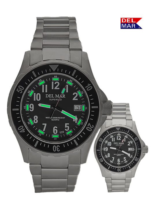 A black dial Del Mar watch with luminescent hands and numbers, displayed on a white background next to the Del Mar logo.