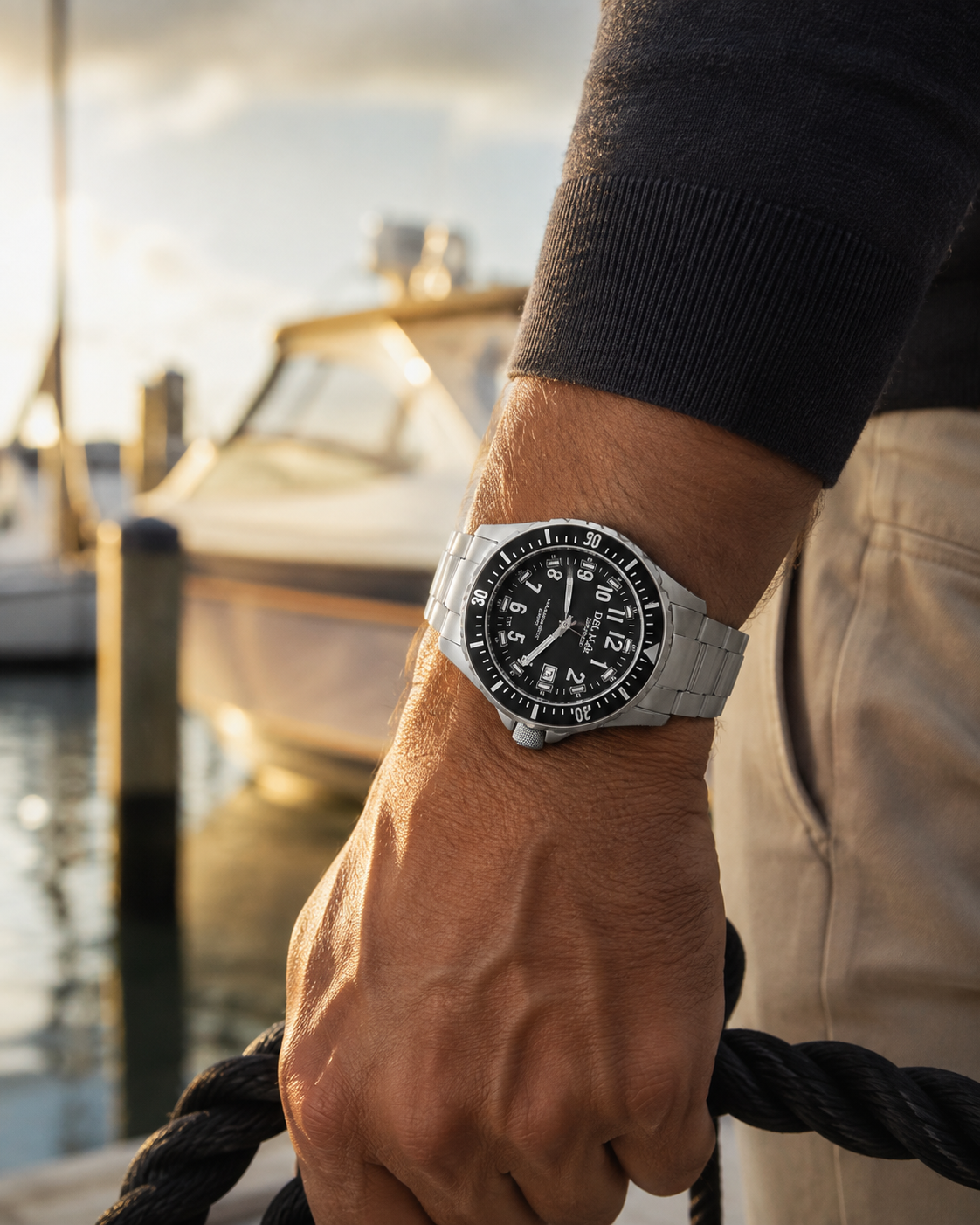 Shop the Del Mar SuperGlo 200 black dial watch with self-illuminating micro gas tubes, 200M water resistance, durable construction, quartz movement, and easy-read visibility.