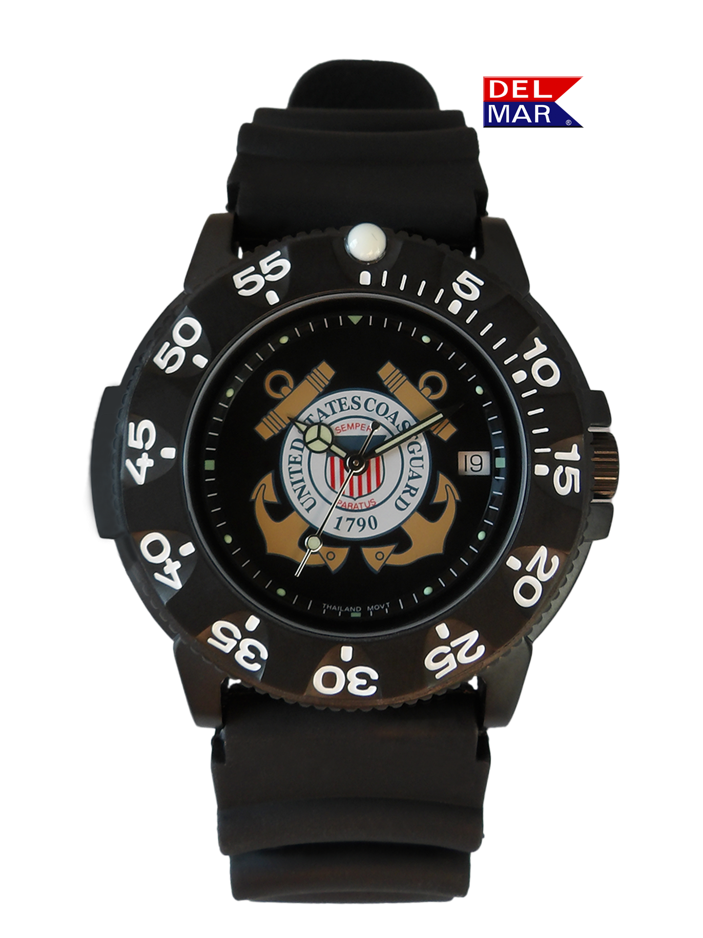 U.S. Coast Guard watch featuring official insignia with Black Strap Band