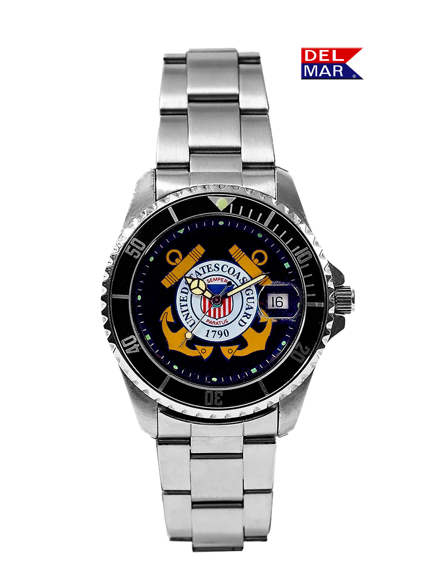 U.S. Coast Guard watch featuring official insignia with Stainless Steel Bracelet