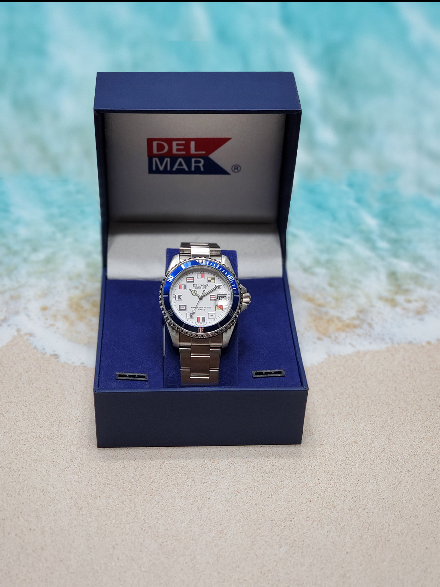 200M water resistant blue bezel stainless steel watch - delivered in a gift box