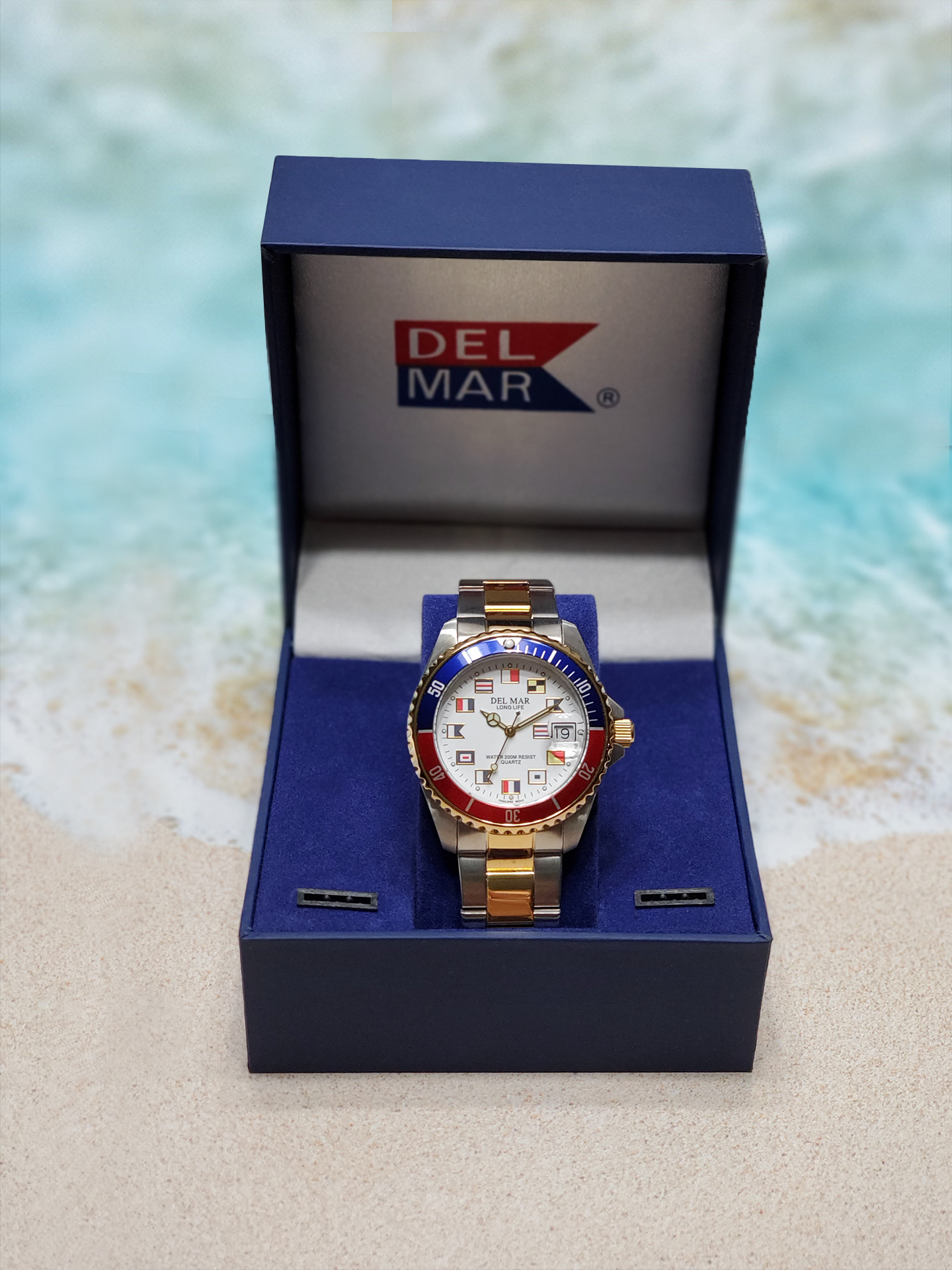 Del Mar nautical flag watch black dial gold silver bracelet delivered in a gift box