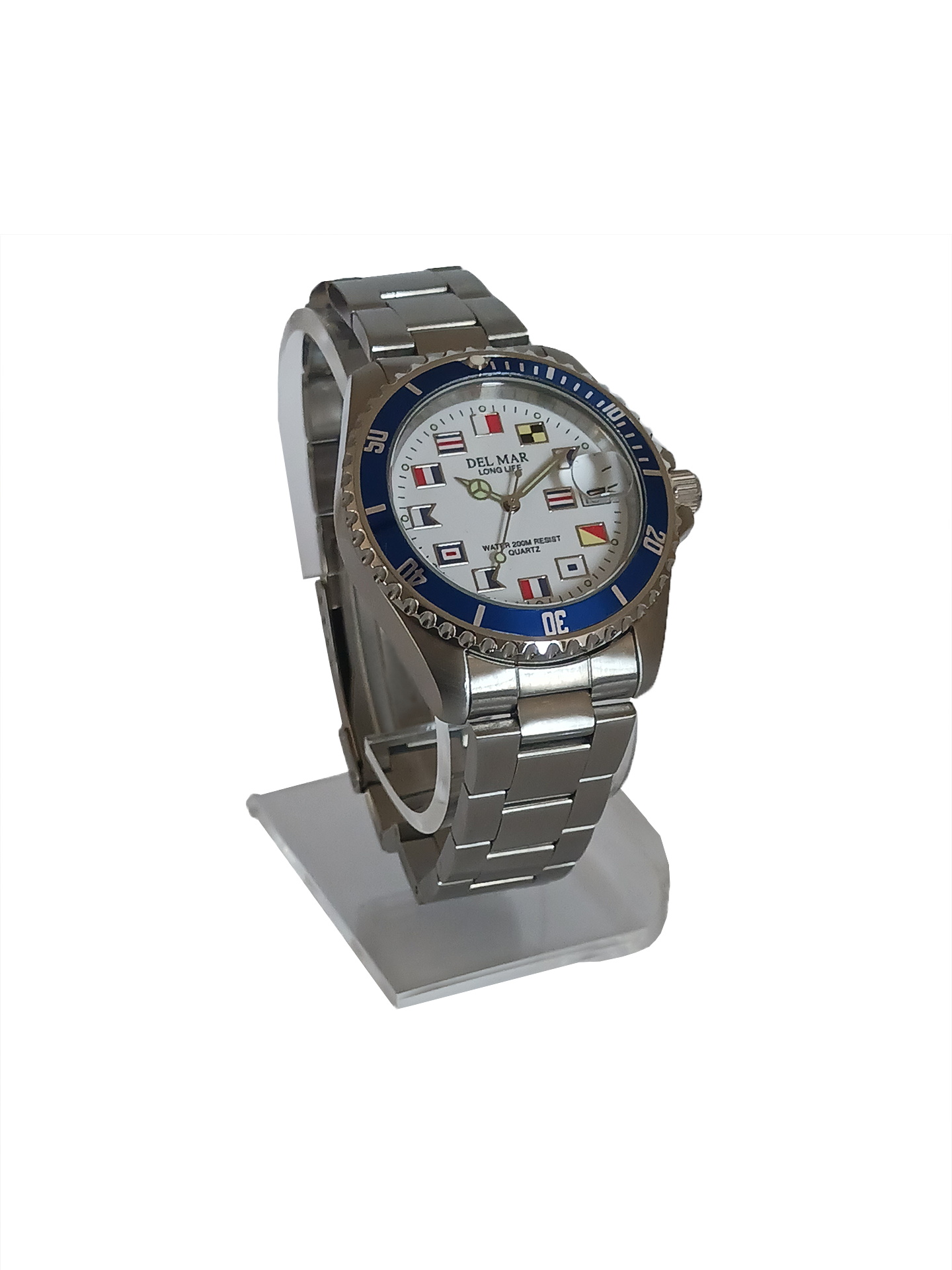 Stainless steel nautical watch white face blue bezel