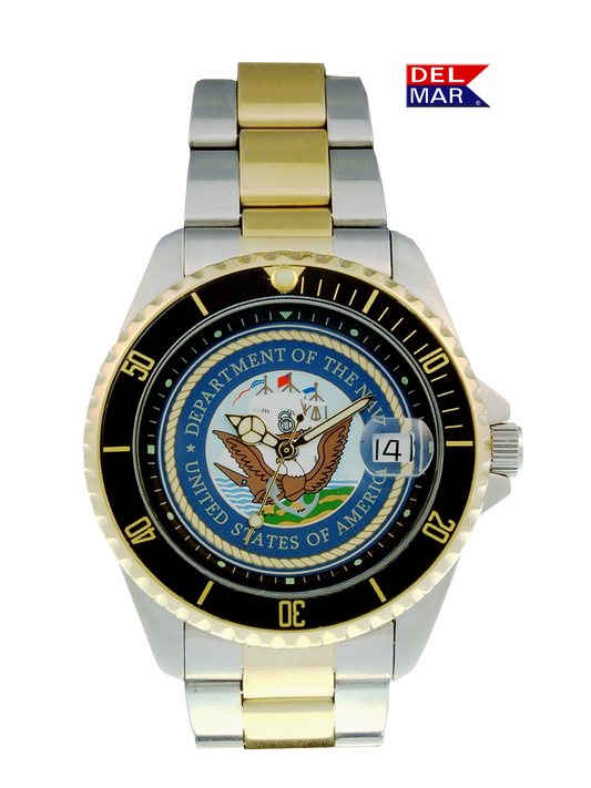 Del Mar Watches Men's Navy Military Watch - Two Tone Bracelet #50493