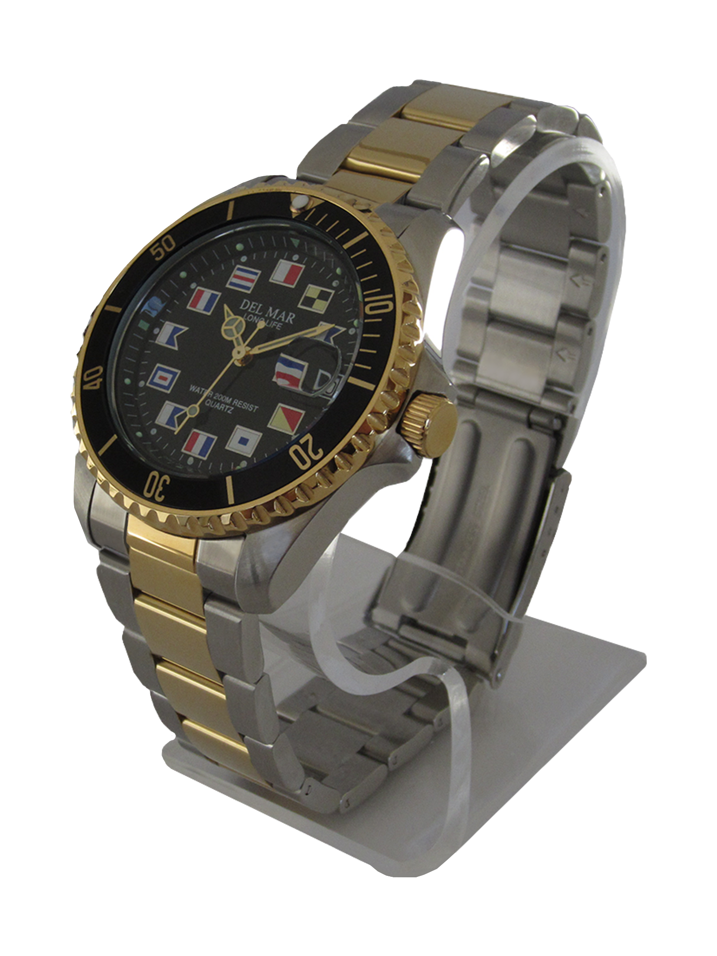 Close up black dial luminous markers Del Mar watch