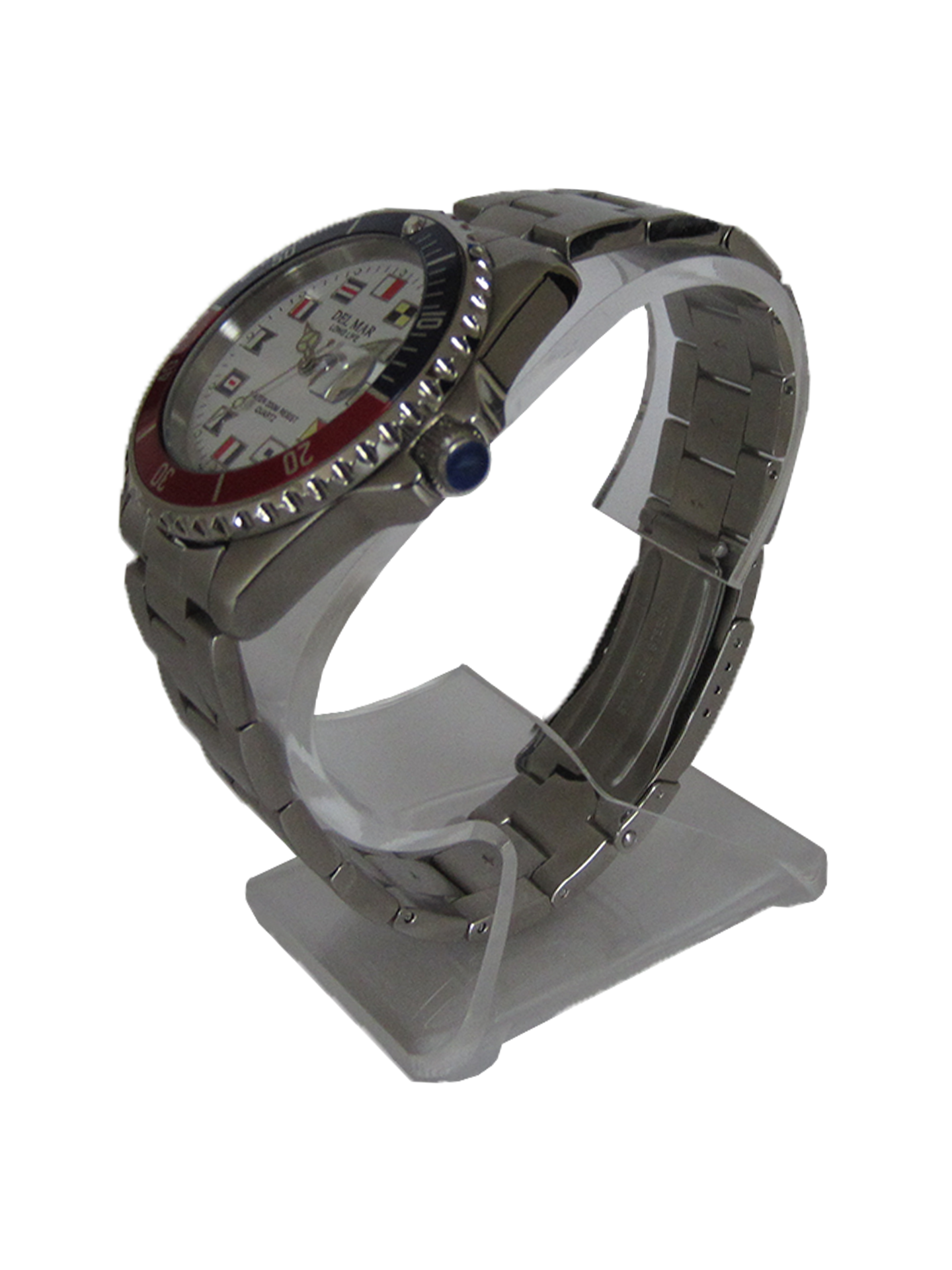 Close up nautical flag dial Del Mar watch