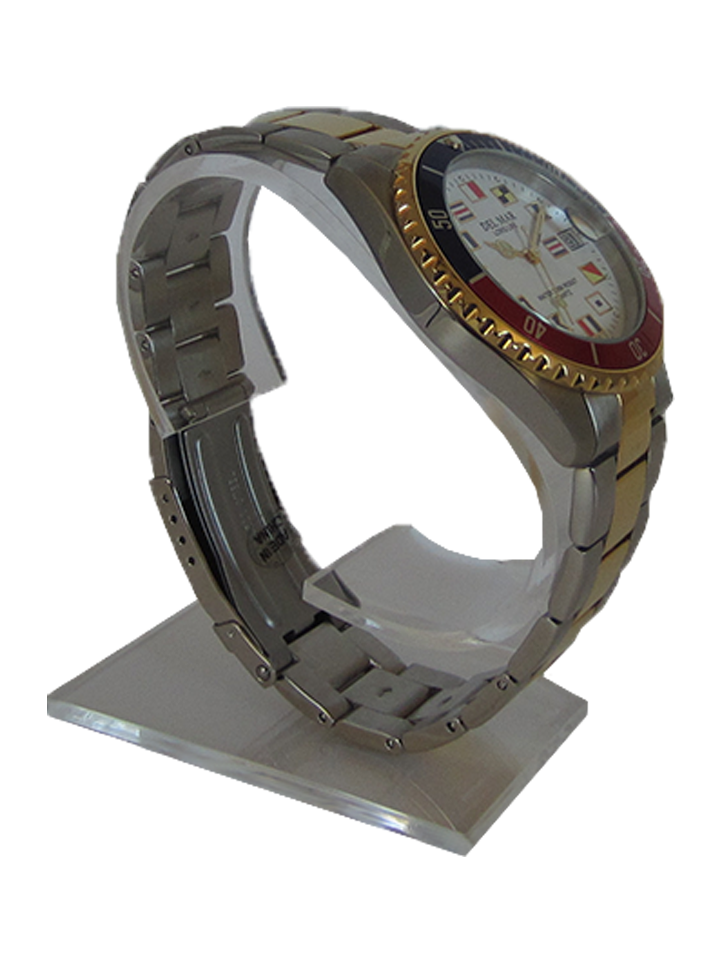 Close up Del Mar two tone watch black face nautical flags